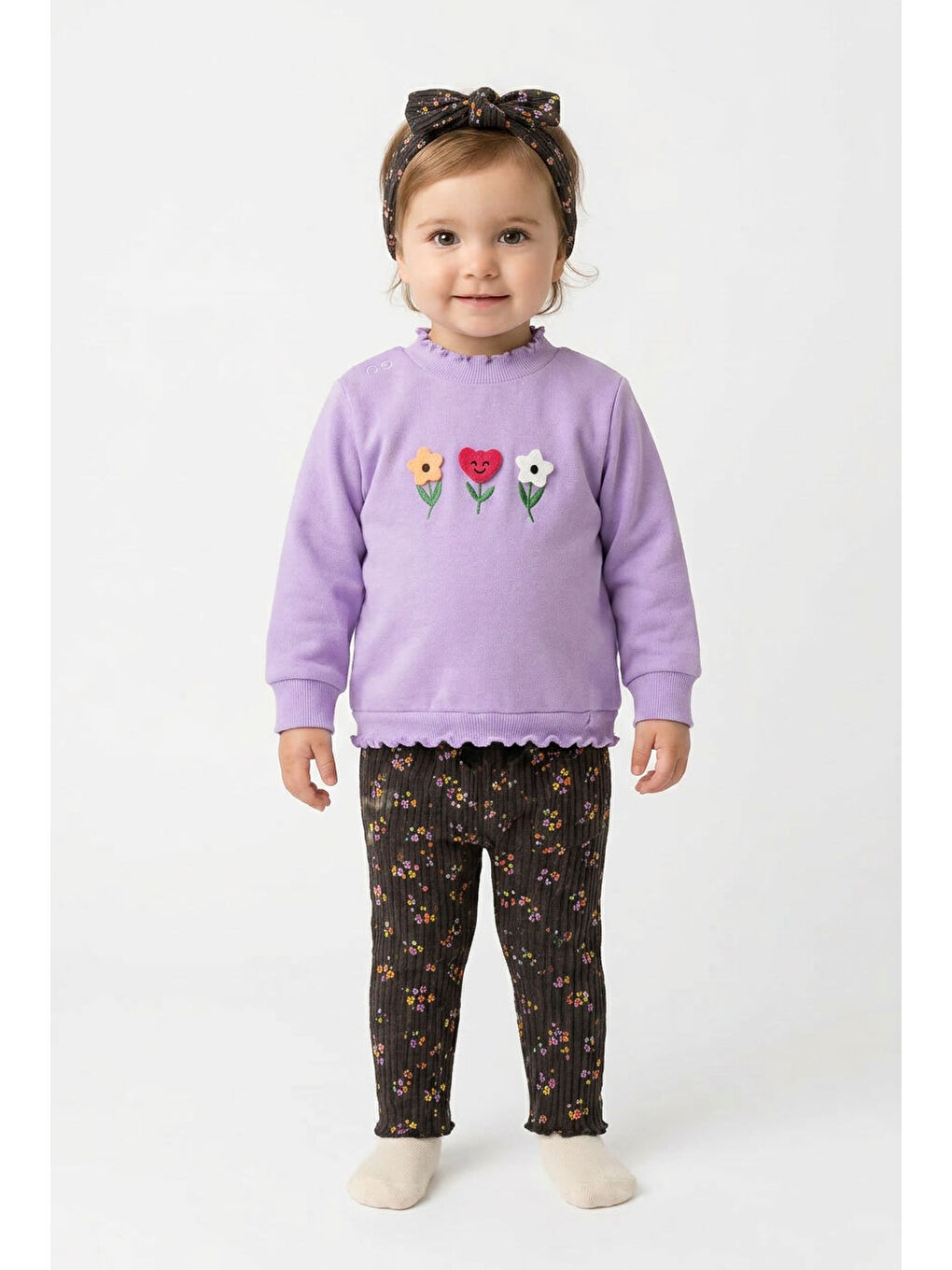 Lila Kız Bebek Pamuklu Eşofman Takımı Saç Bandanalı İki İplik Rahat Kalıp-2