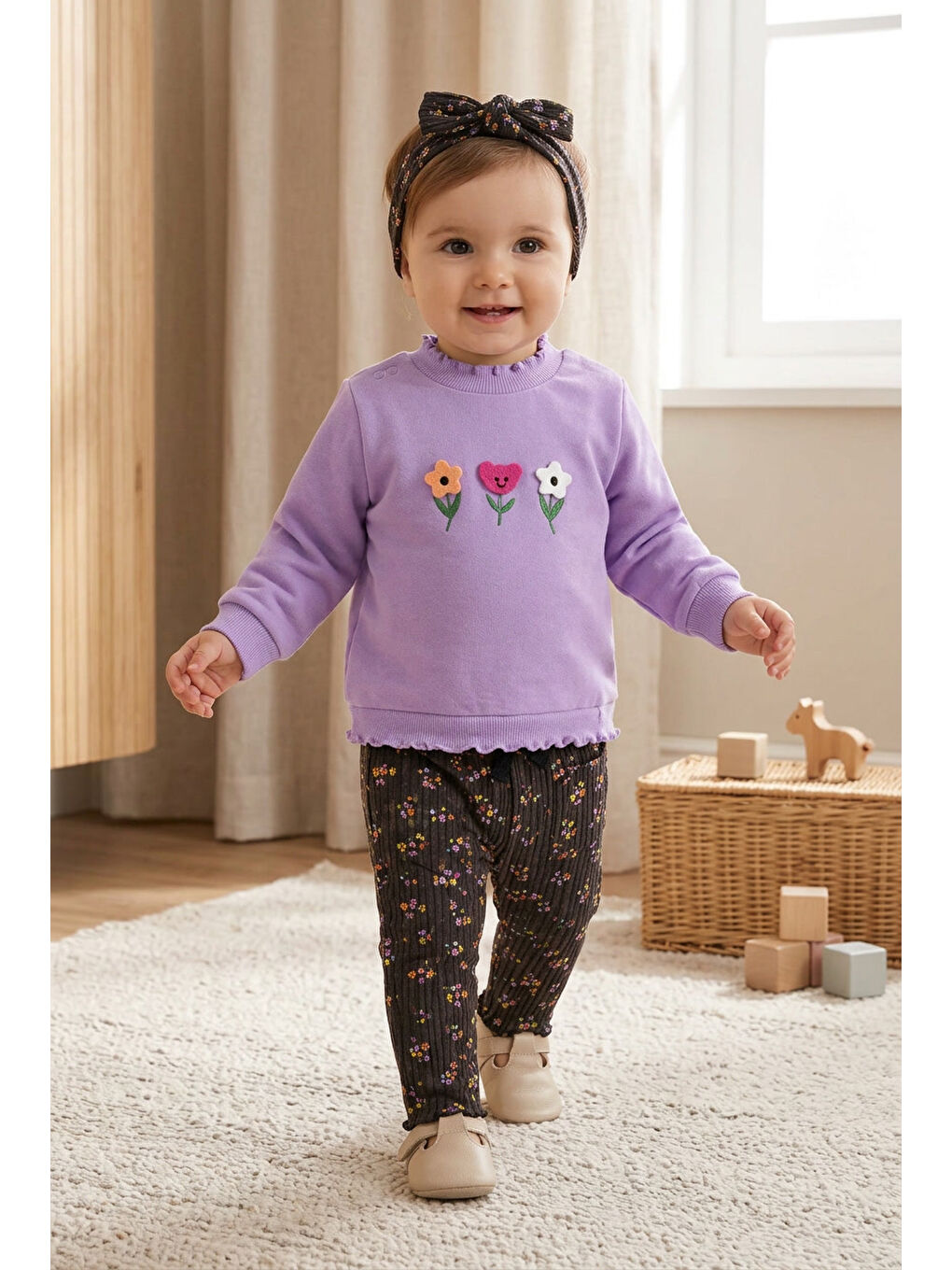 Lila Kız Bebek Pamuklu Eşofman Takımı Saç Bandanalı İki İplik Rahat Kalıp-3