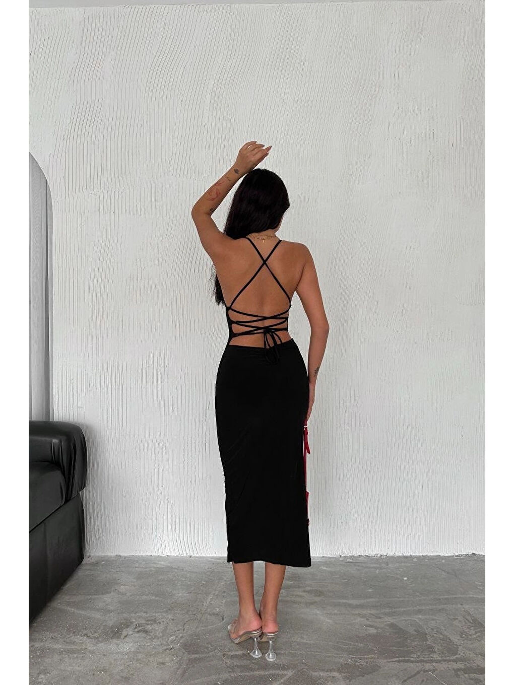 Kadın Siyah Uzun Sırt Dekolte Elbise 3708-3