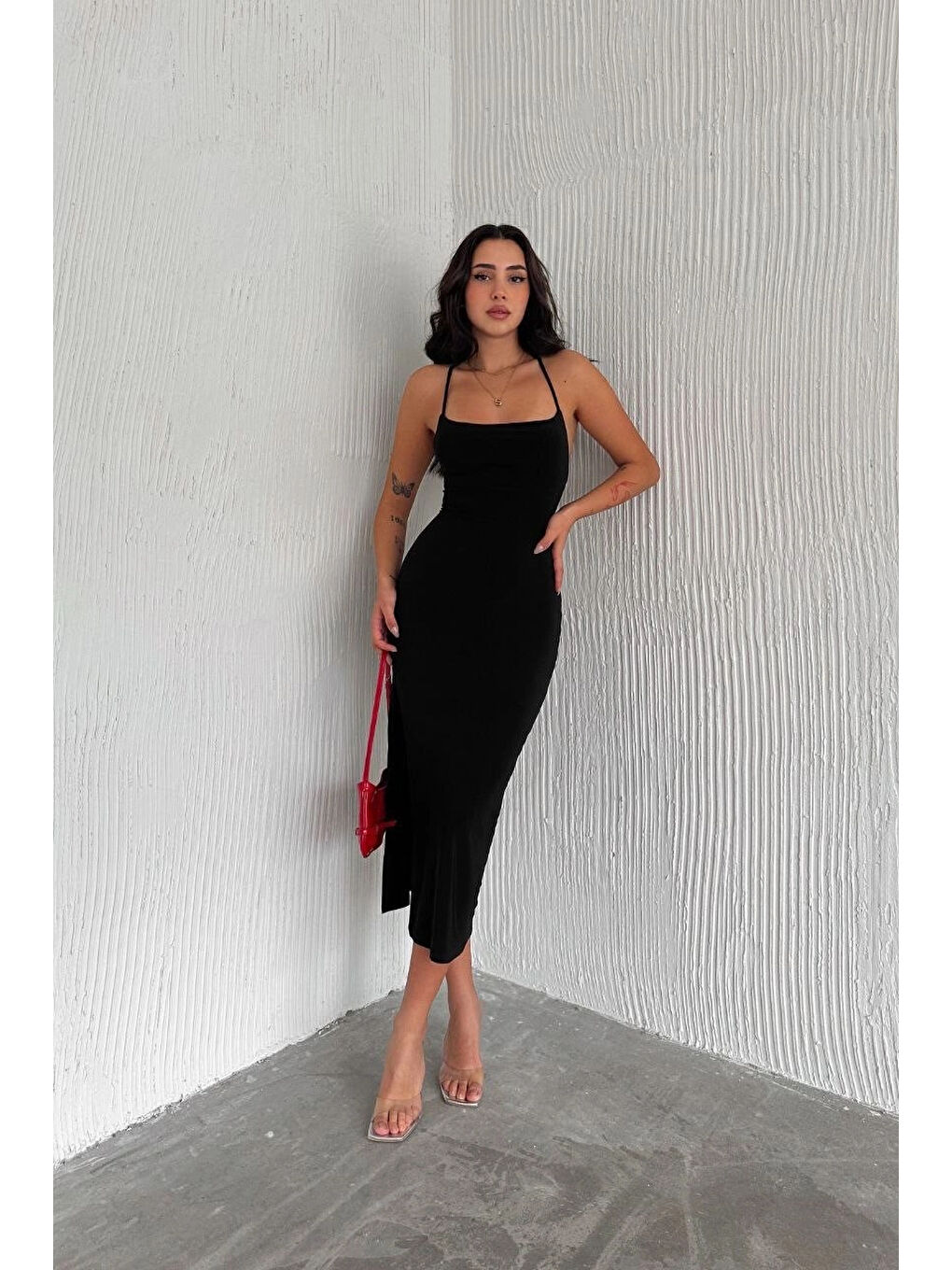 Kadın Siyah Uzun Sırt Dekolte Elbise 3708-4