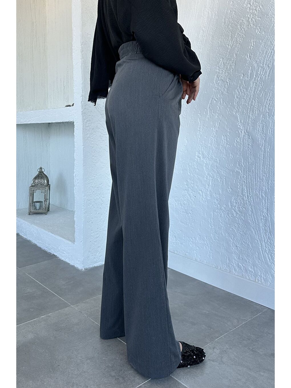 Antrasit Pileli Kemer Aksesuarlı Tesettür Kumaş Pantolon-8