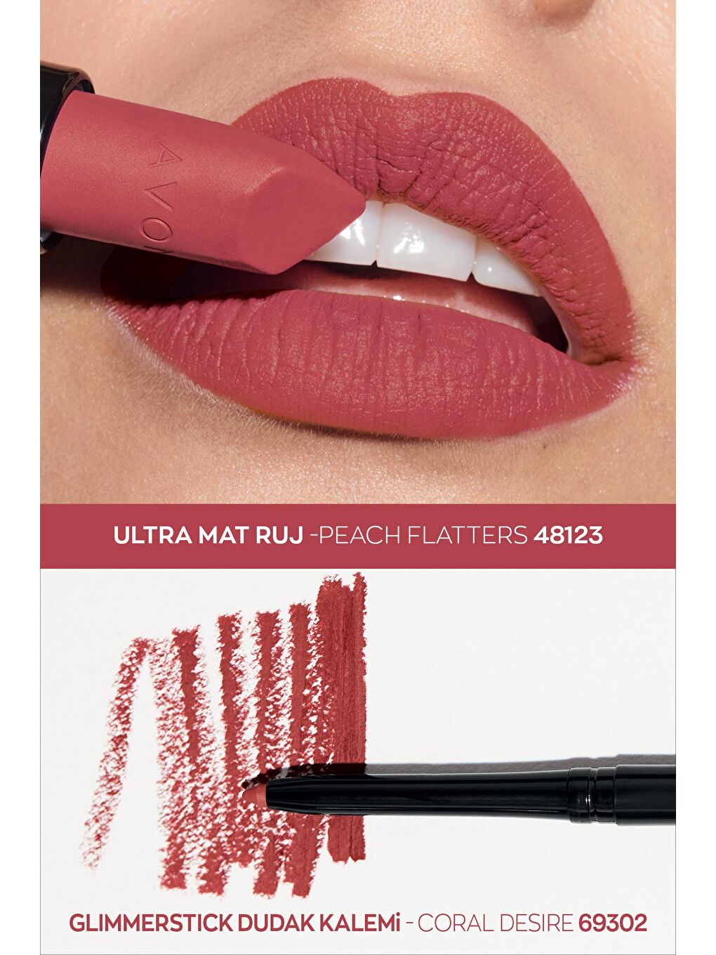 AVON Renksiz Ultra Mat Ruj Peach Flatters ve Glimmerstick Dudak Kalemi Coral Desire Paketi - 1