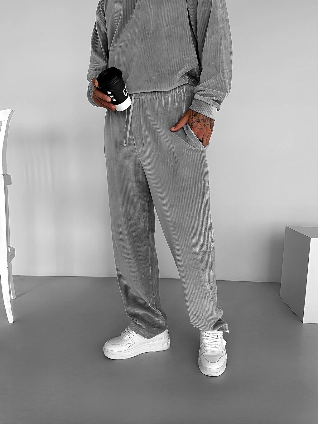 Erkek Jogger Esnek Rahat Beli Lastikli Fitilli Kadife Pantolon Gri