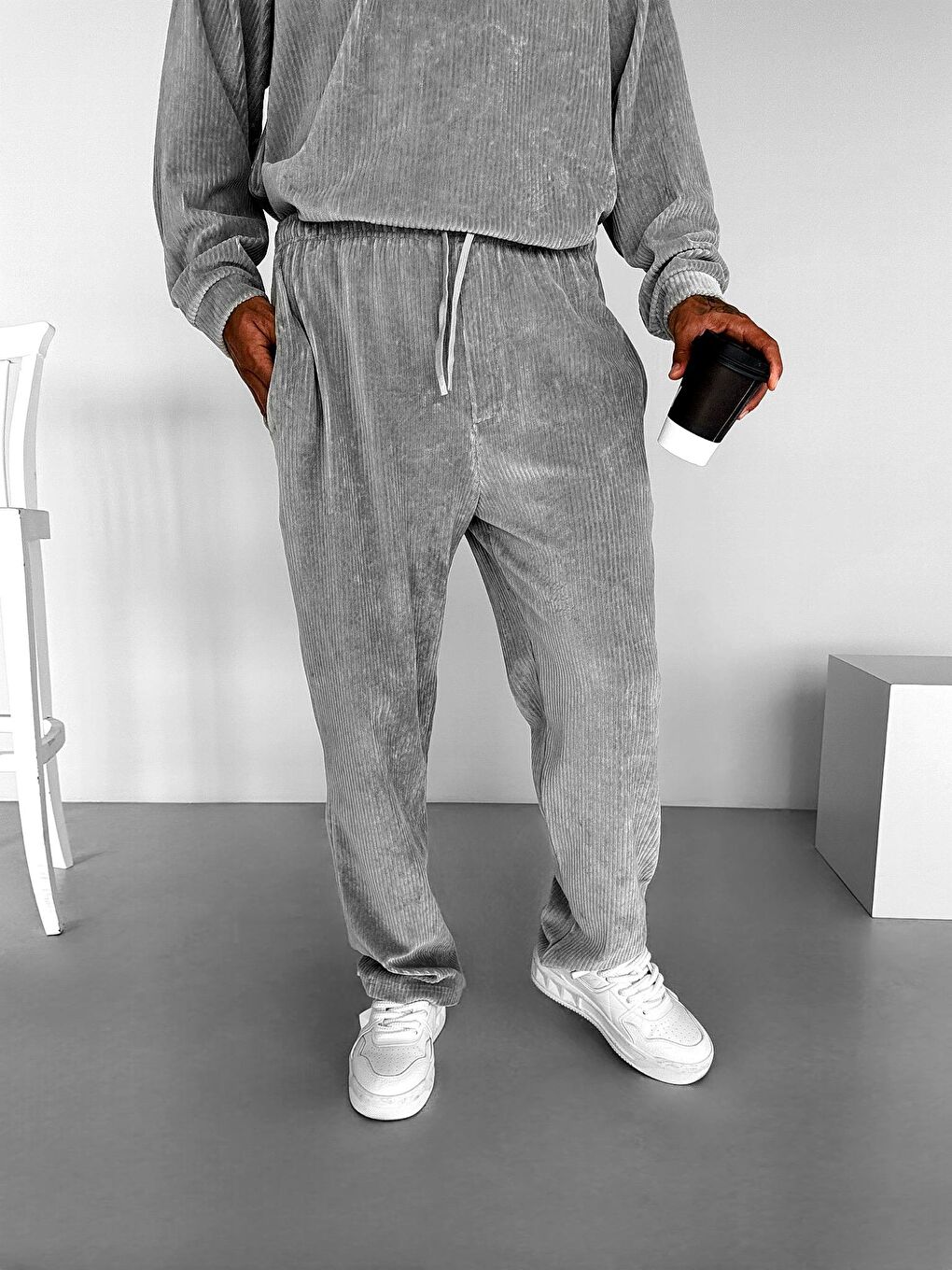 Erkek Jogger Esnek Rahat Beli Lastikli Fitilli Kadife Pantolon Gri-1