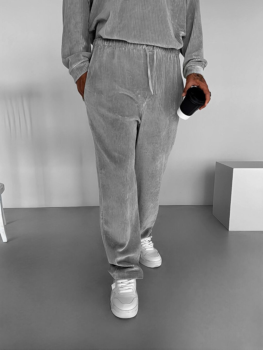 Erkek Jogger Esnek Rahat Beli Lastikli Fitilli Kadife Pantolon Gri-2