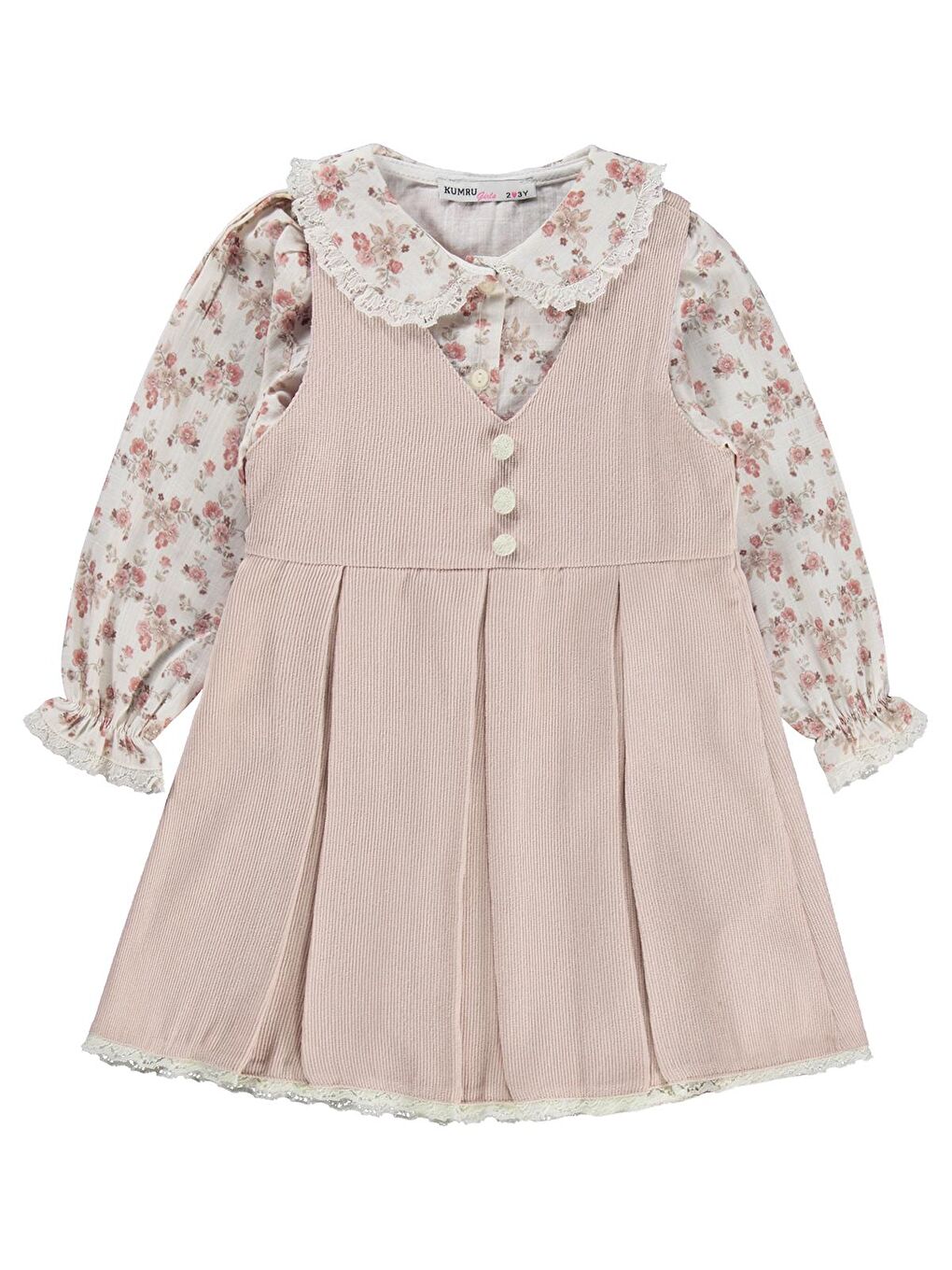 Pembe Civil Girls Çiçek Gömlekli 2 Li 2-5 Yaş Elbise - Pudra 4-5 Yaş