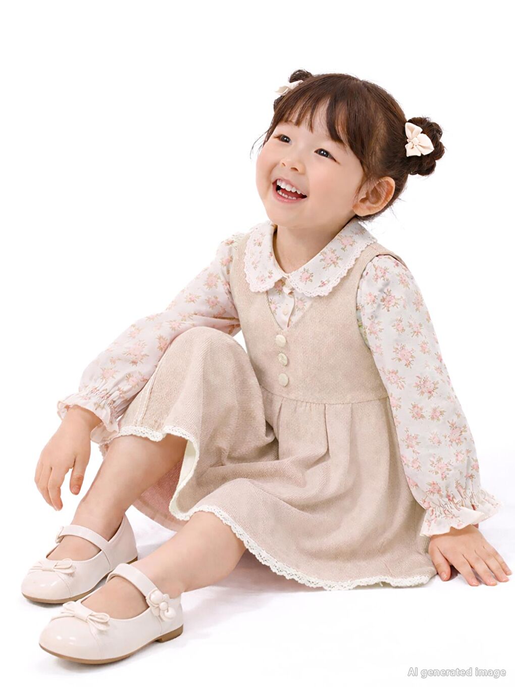 Pembe Civil Girls Çiçek Gömlekli 2 Li 2-5 Yaş Elbise - Pudra 4-5 Yaş-3