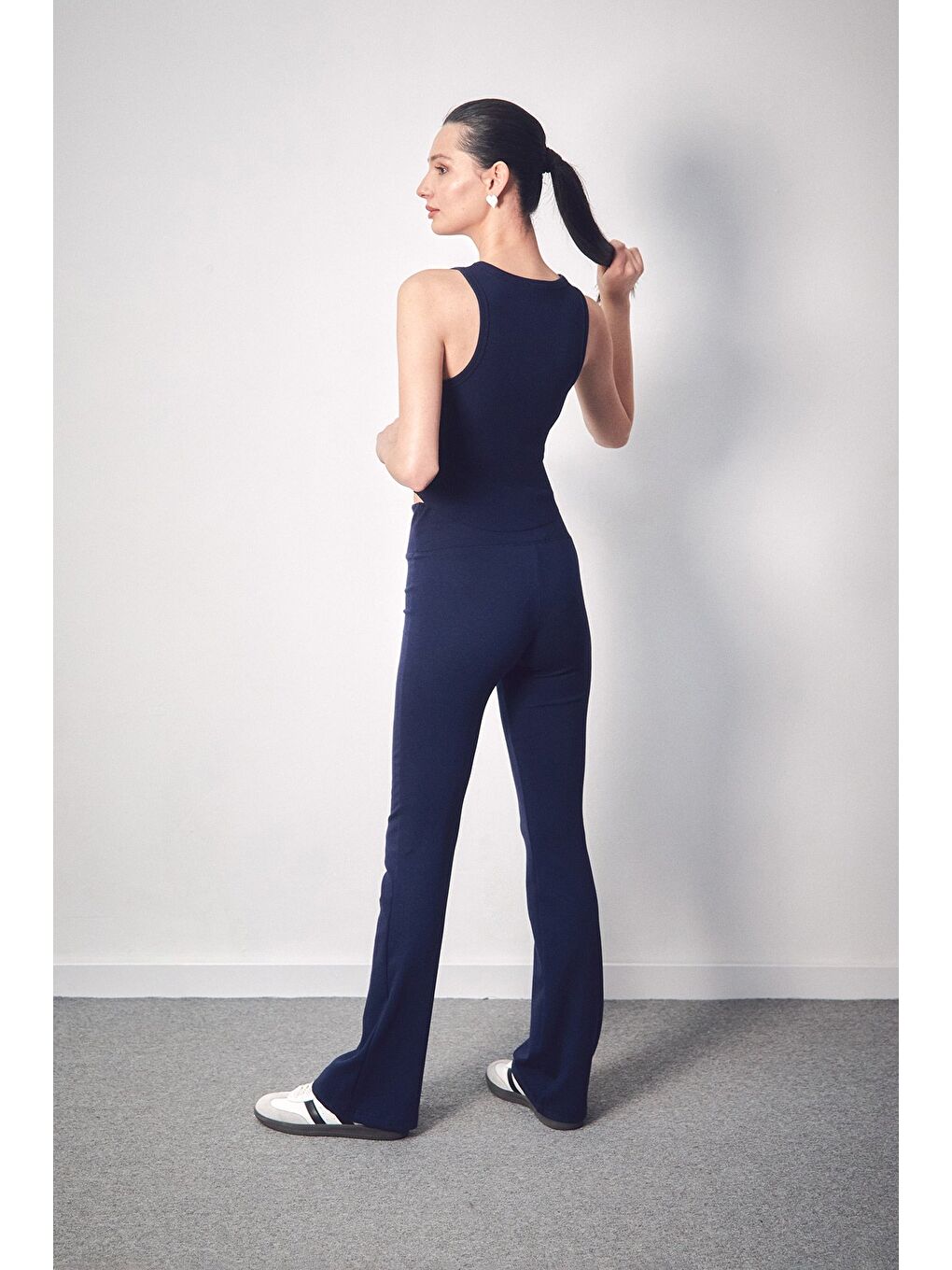 Lacivert Beli Lastikli Yüksek Bel Flare Pantolon-2