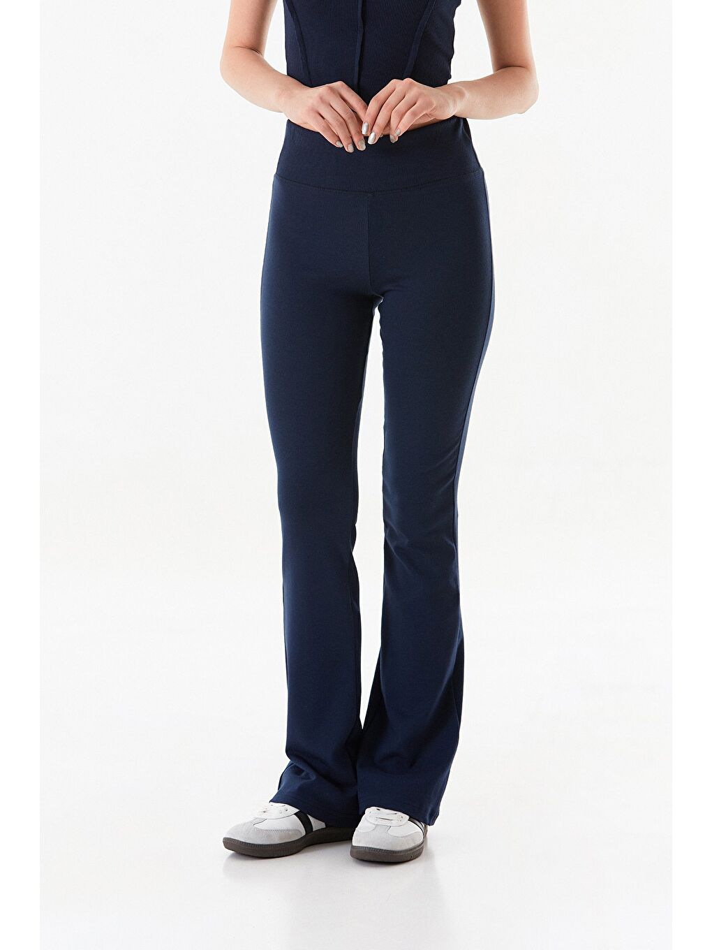 Lacivert Beli Lastikli Yüksek Bel Flare Pantolon-3