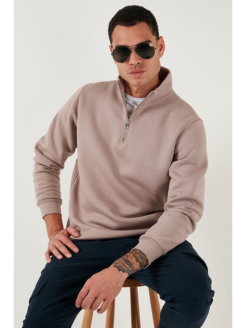 Pembe Pamuklu Regular Fit Yarım Fermuarlı Dik Yaka Erkek Sweat 59052592