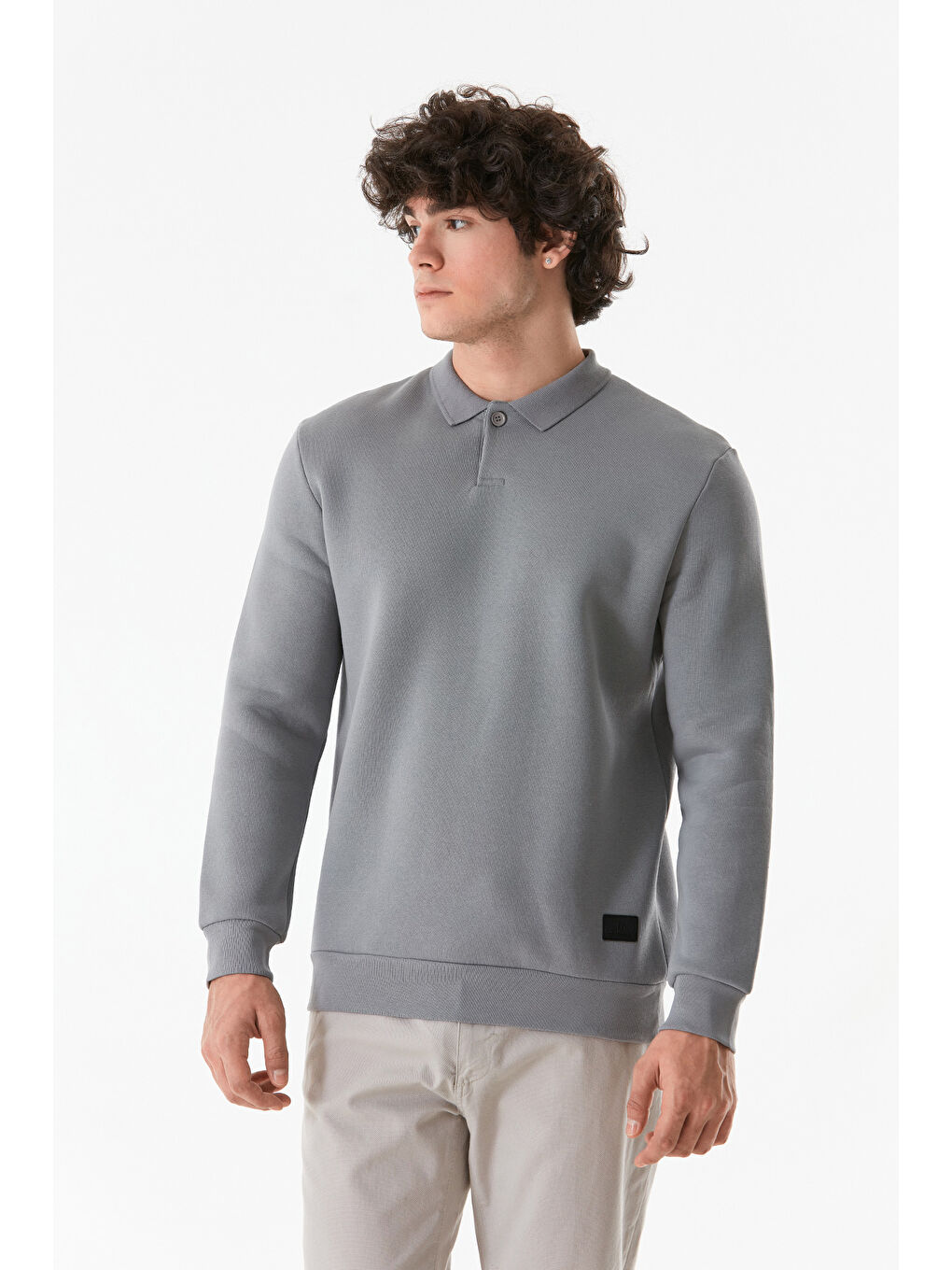 Fullamoda Gri Basic Polo Yaka Düğmeli Sweatshirt