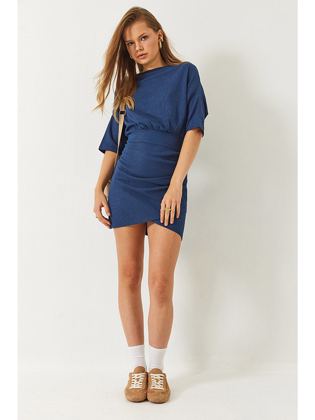 Lacivert Kadın Beli Lastikli Yarasa Kollu Kruvaze Etekli Basic Elbise-2