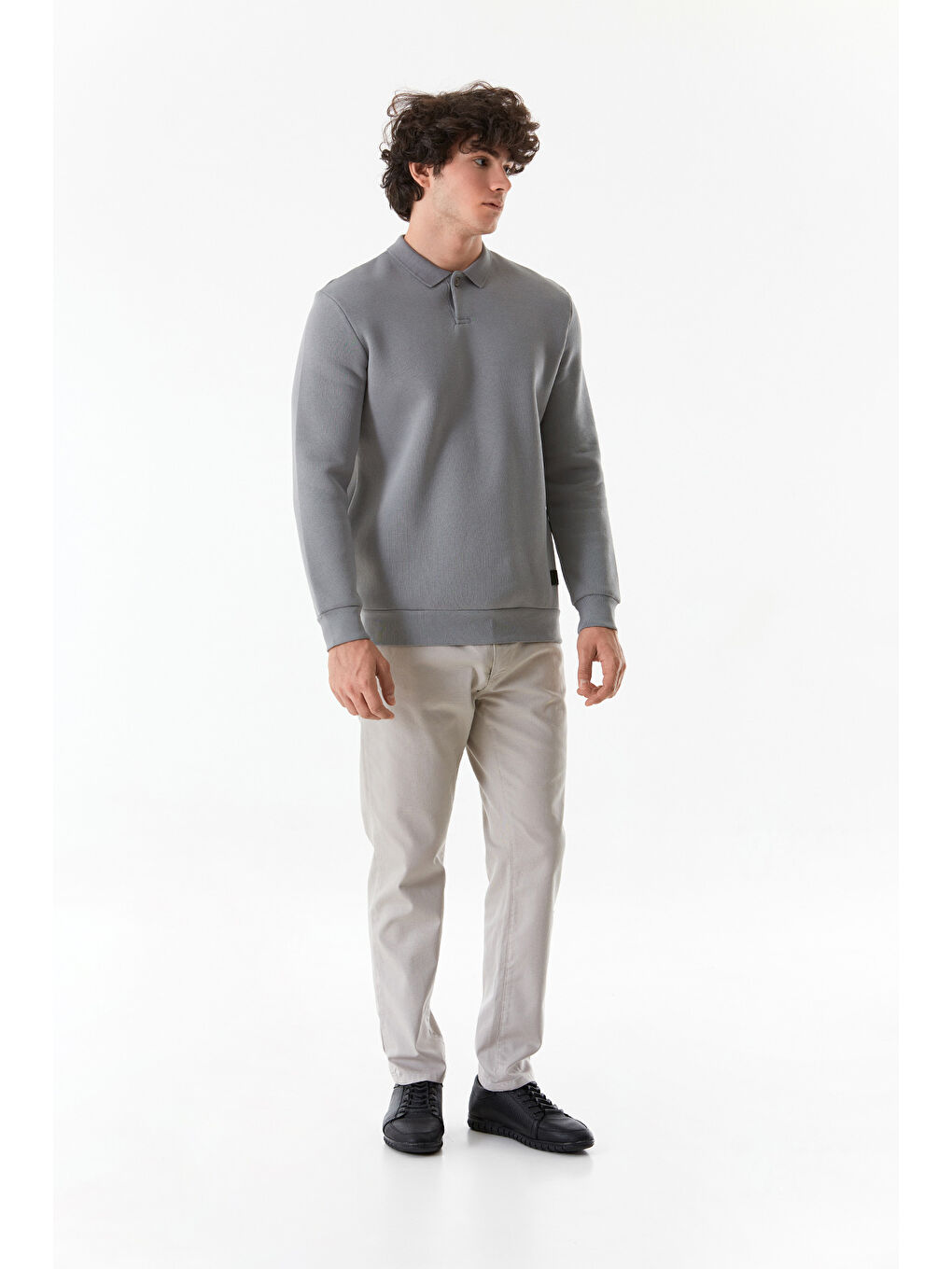 Fullamoda Gri Basic Polo Yaka Düğmeli Sweatshirt - 1