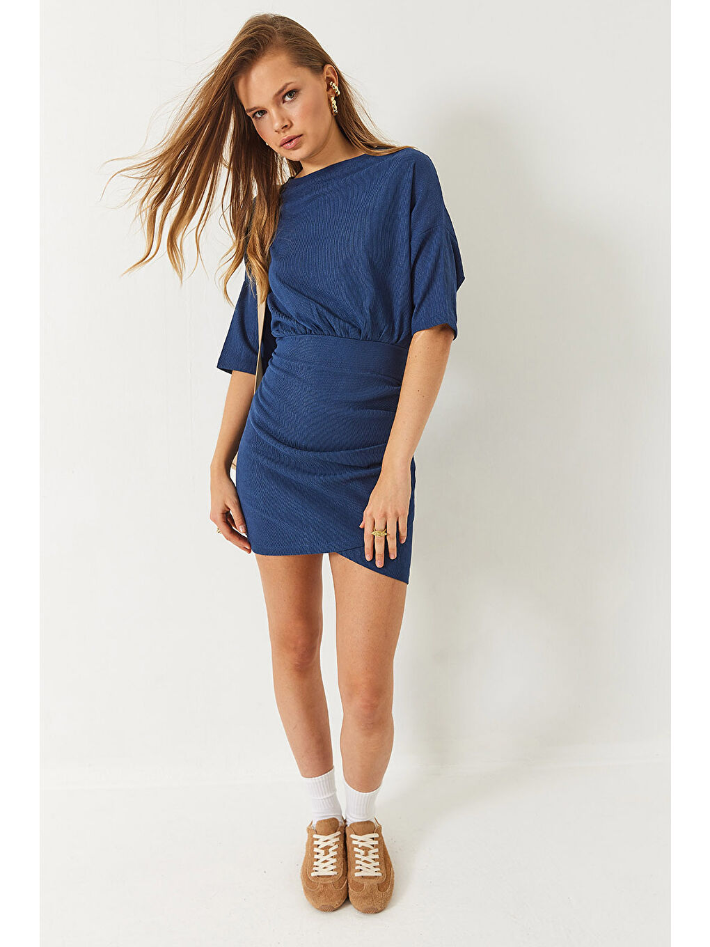 Lacivert Kadın Beli Lastikli Yarasa Kollu Kruvaze Etekli Basic Elbise-3