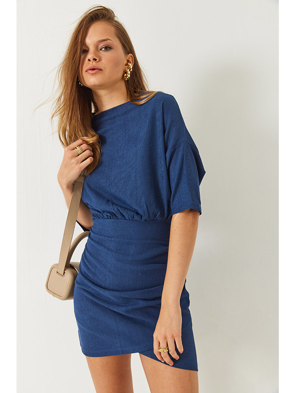 Lacivert Kadın Beli Lastikli Yarasa Kollu Kruvaze Etekli Basic Elbise-4