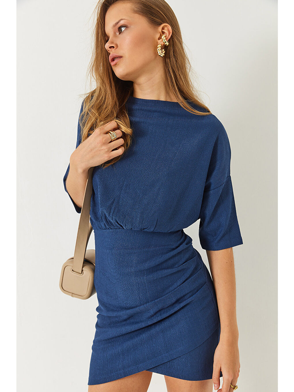 Lacivert Kadın Beli Lastikli Yarasa Kollu Kruvaze Etekli Basic Elbise-5