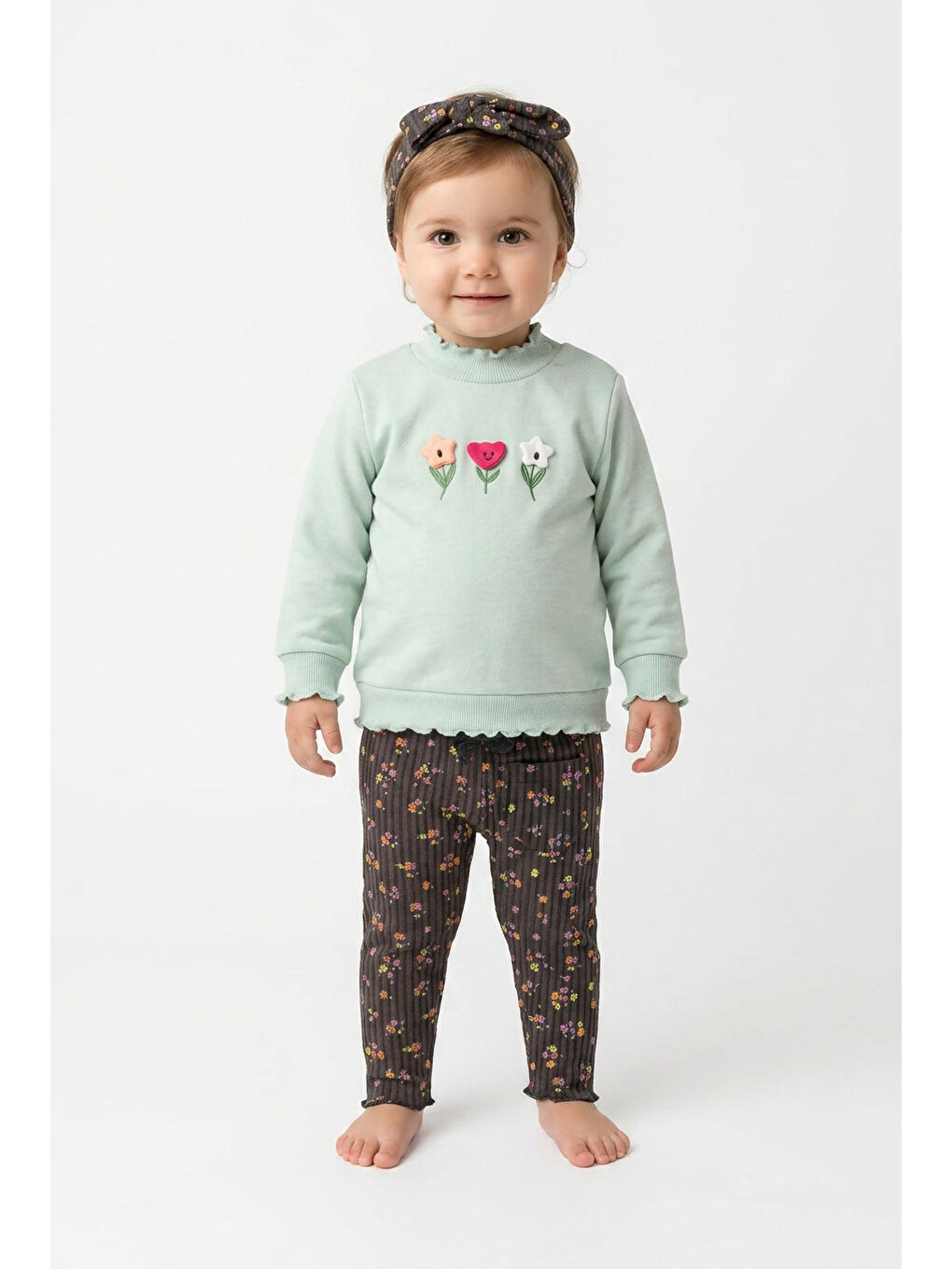 Yeşil Kız Bebek Pamuklu Eşofman Takımı Saç Bandanalı İki İplik Rahat Kalıp-2
