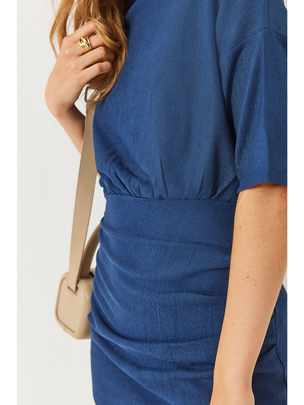 Lacivert Kadın Beli Lastikli Yarasa Kollu Kruvaze Etekli Basic Elbise-6