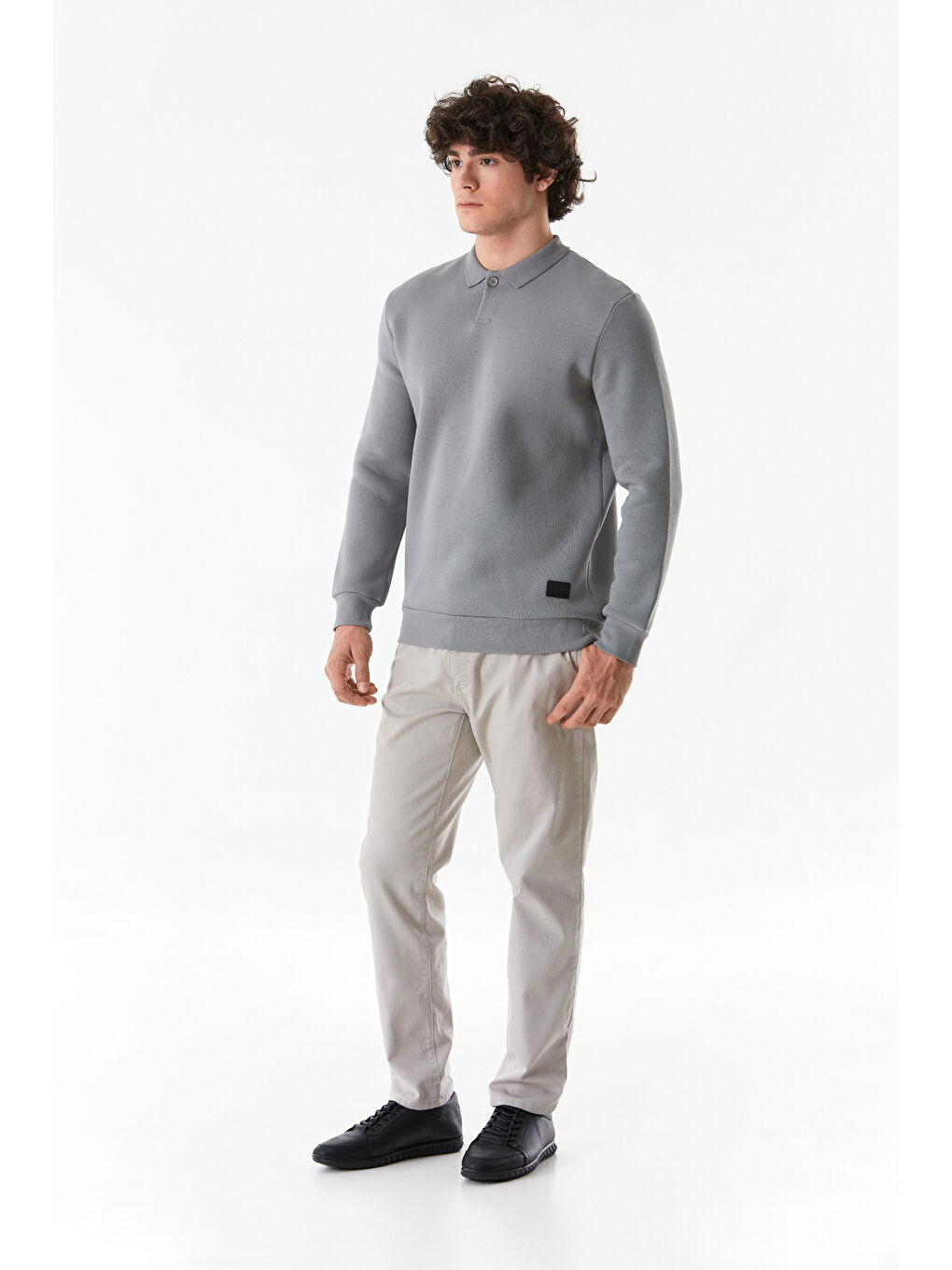 Fullamoda Gri Basic Polo Yaka Düğmeli Sweatshirt - 3