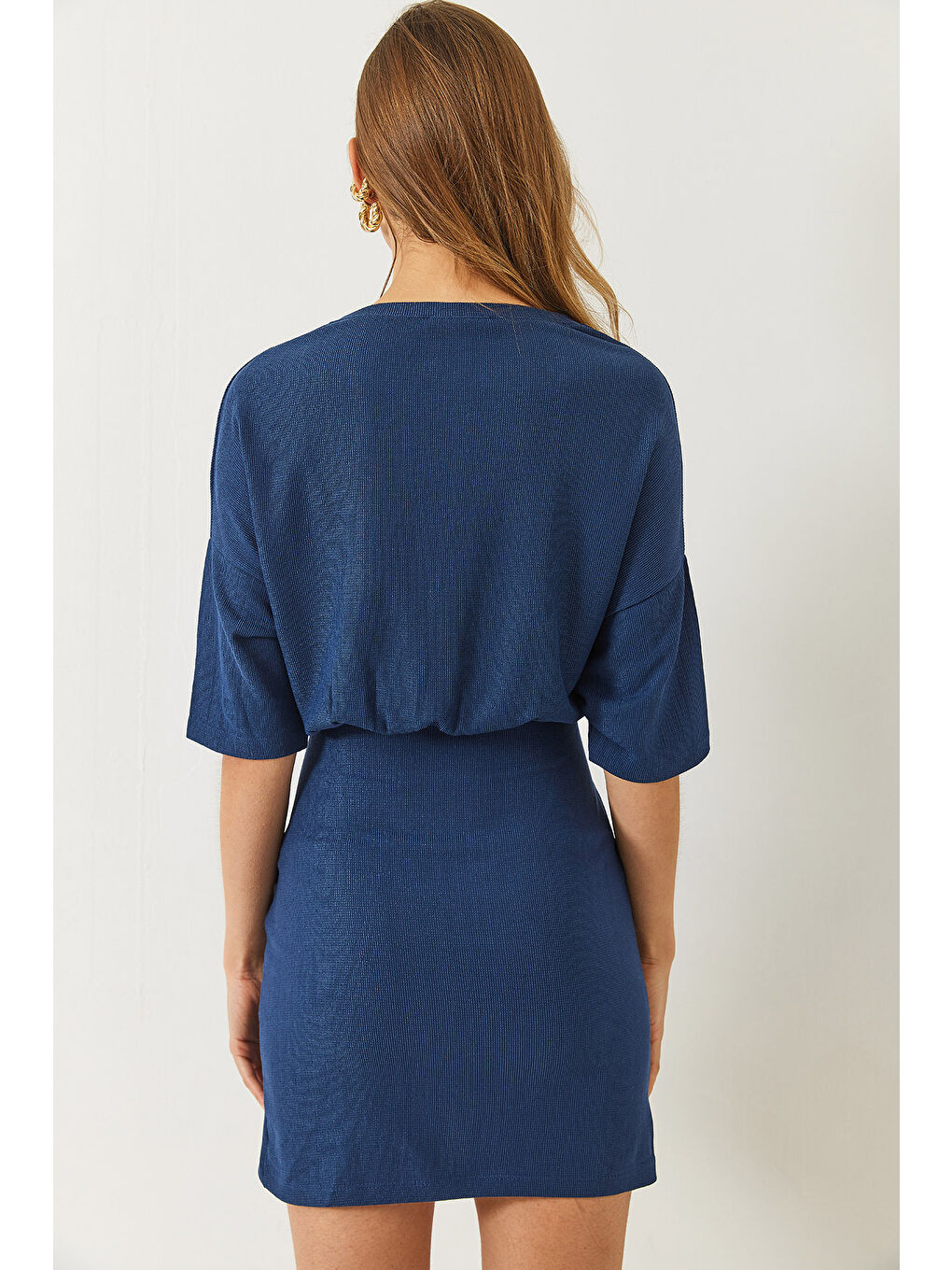Lacivert Kadın Beli Lastikli Yarasa Kollu Kruvaze Etekli Basic Elbise-7