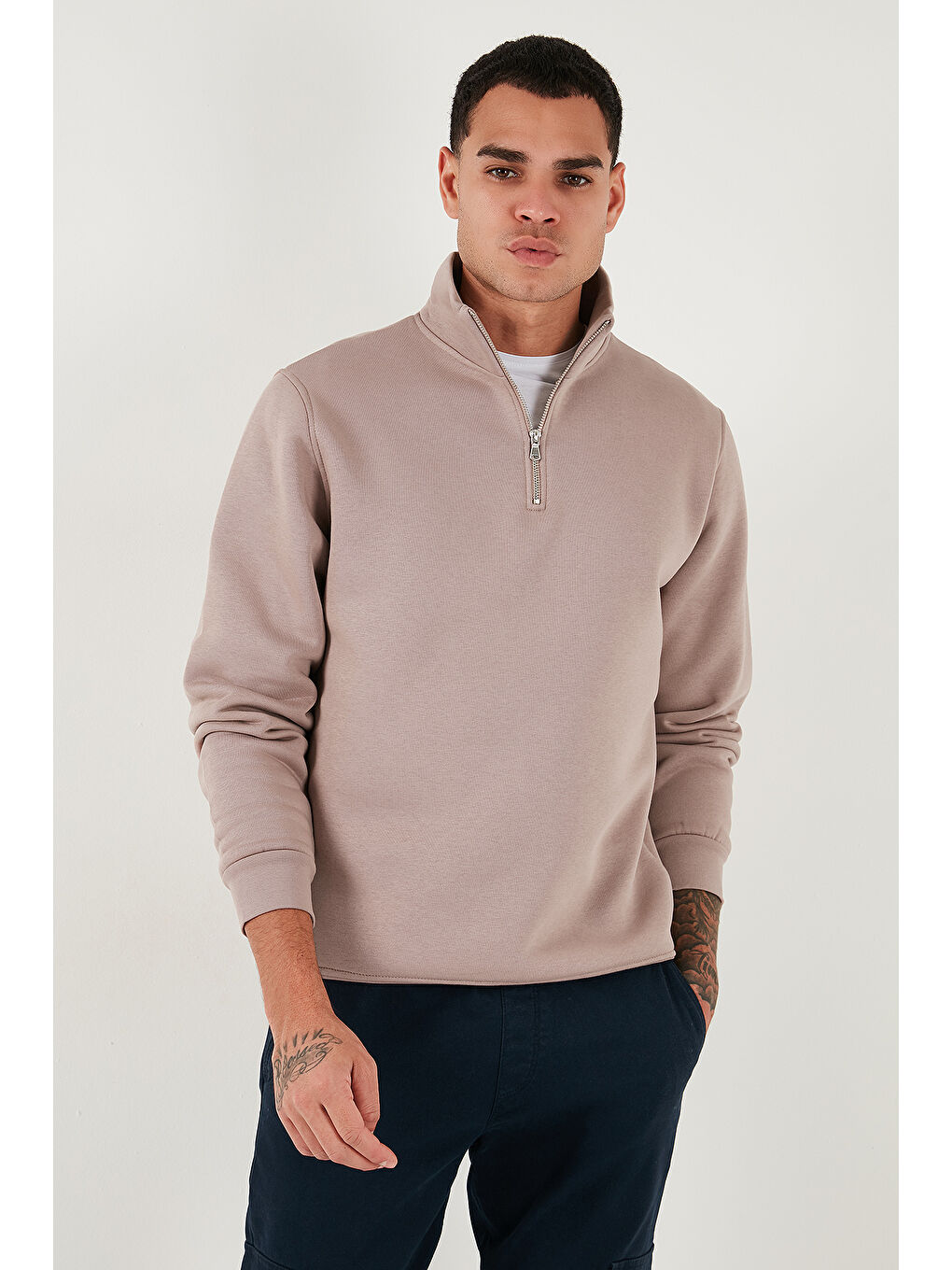 Pembe Pamuklu Regular Fit Yarım Fermuarlı Dik Yaka Erkek Sweat 59052592-1