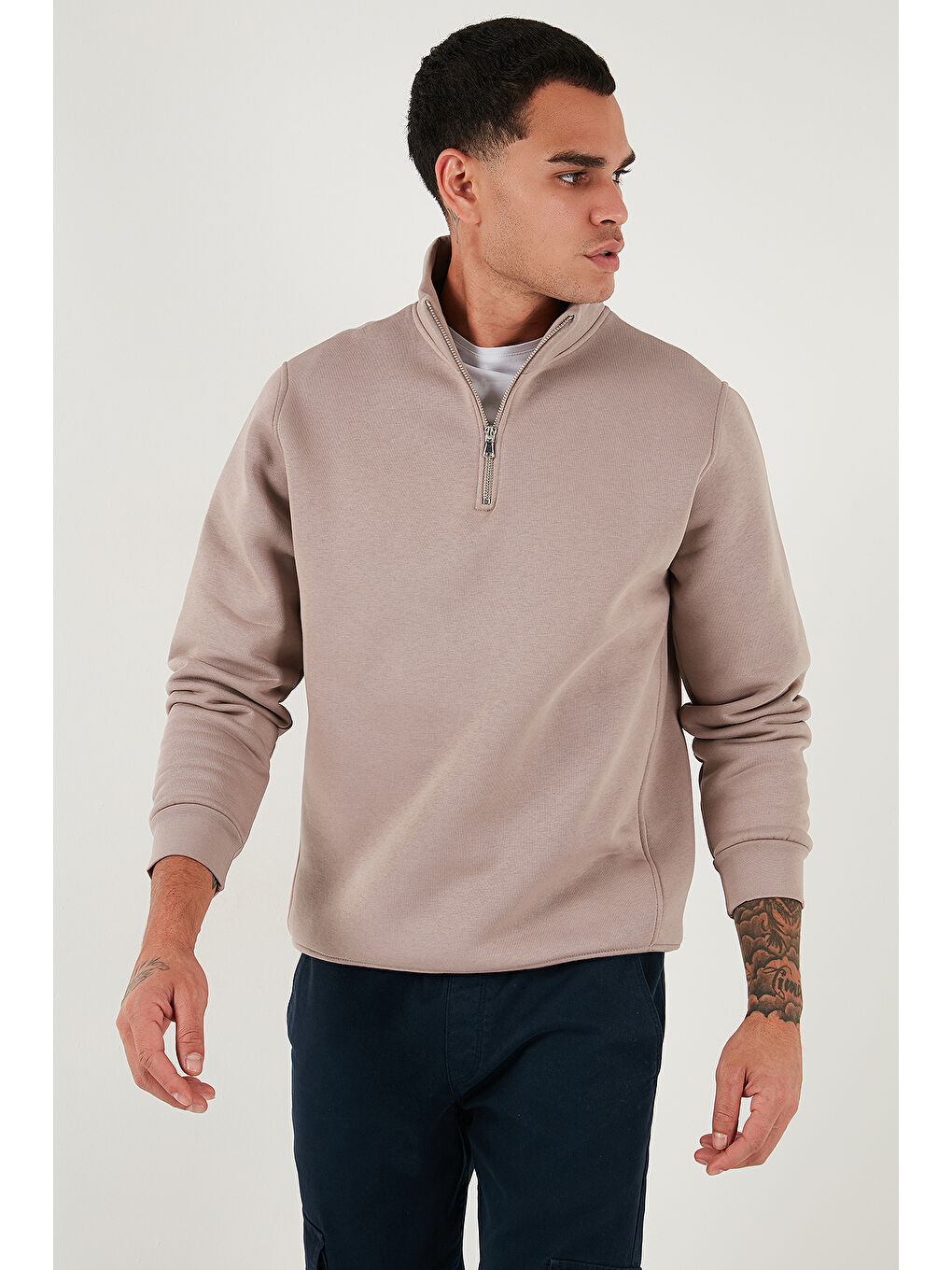 Pembe Pamuklu Regular Fit Yarım Fermuarlı Dik Yaka Erkek Sweat 59052592-2