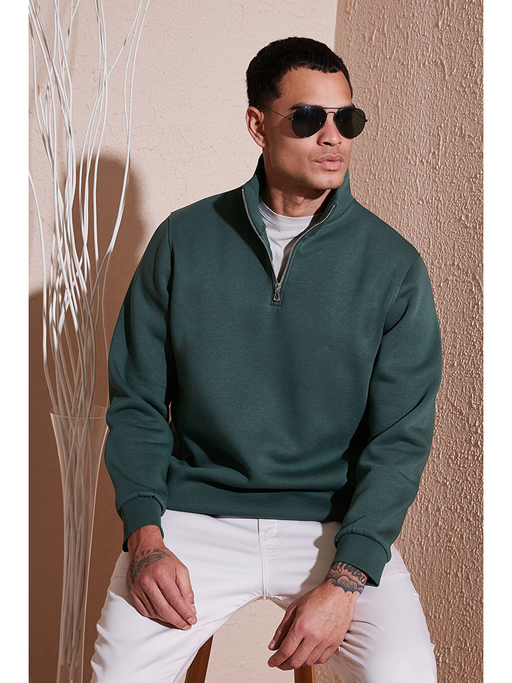 Yeşil Pamuklu Regular Fit Yarım Fermuarlı Dik Yaka Erkek Sweat 59052592