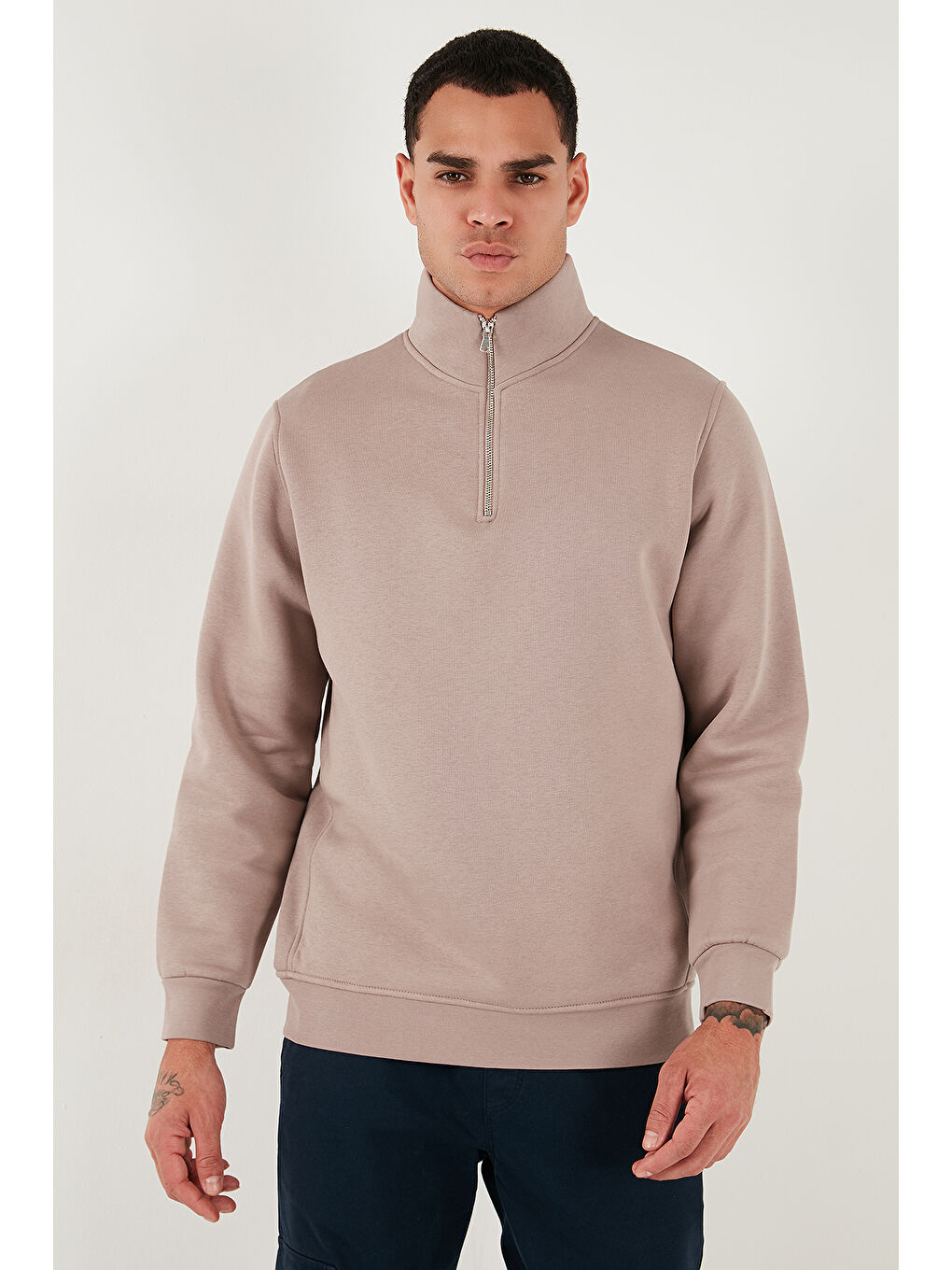 Pembe Pamuklu Regular Fit Yarım Fermuarlı Dik Yaka Erkek Sweat 59052592-3