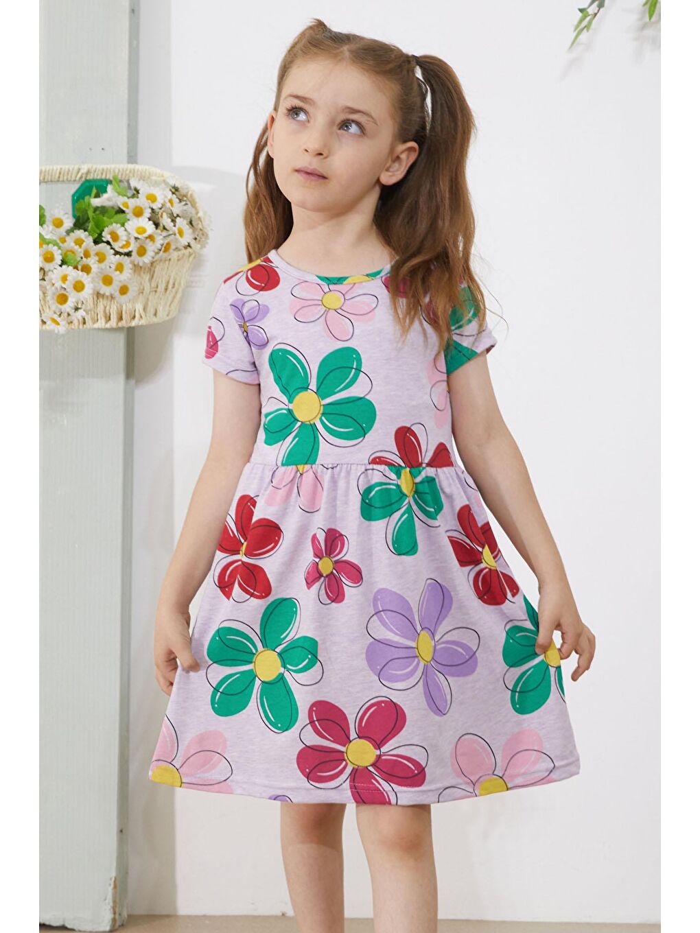 Lila Çiçek Baskılı Kısa Kollu Kız Çocuk Elbise 18794-1