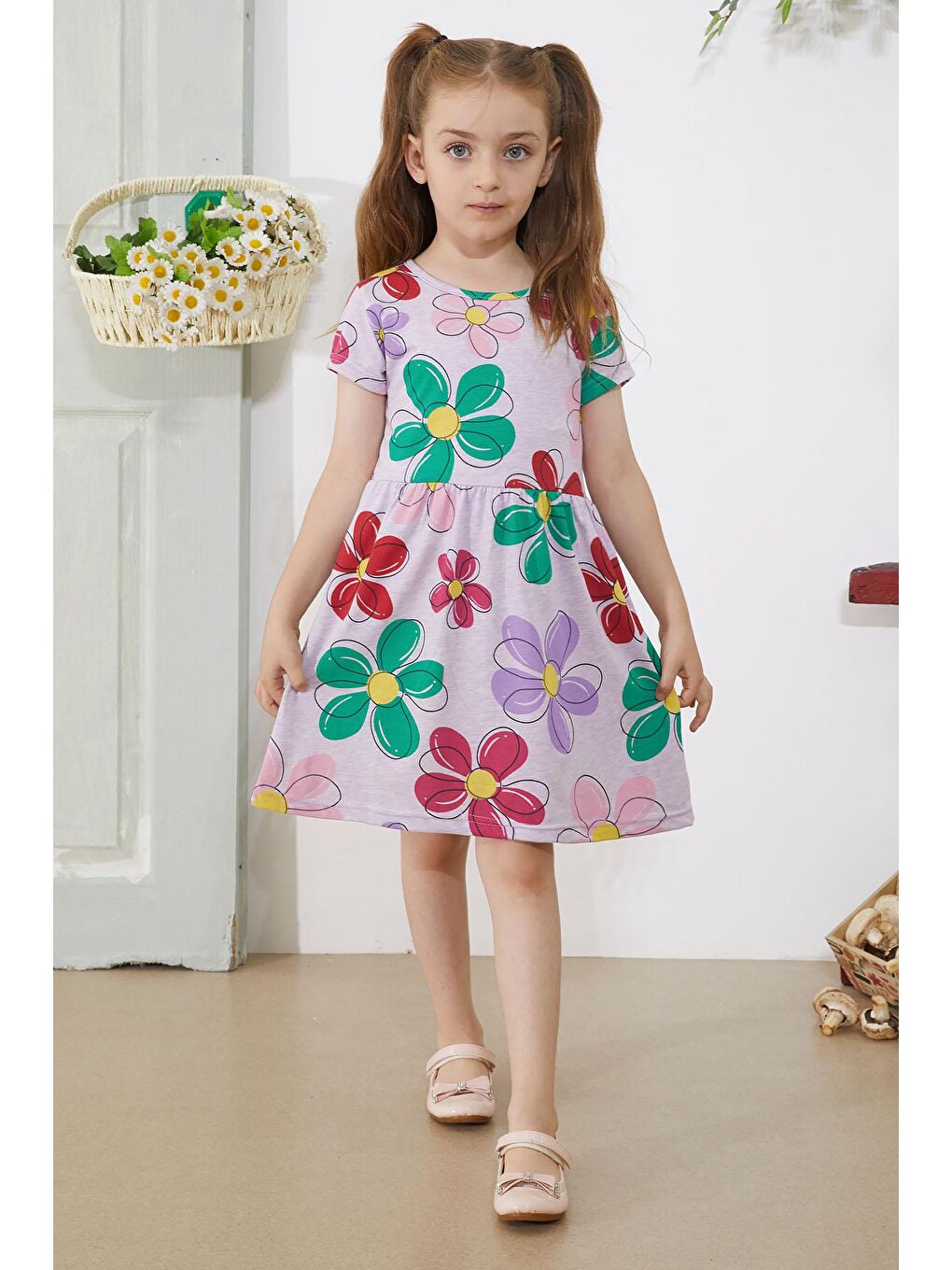 Lila Çiçek Baskılı Kısa Kollu Kız Çocuk Elbise 18794-2