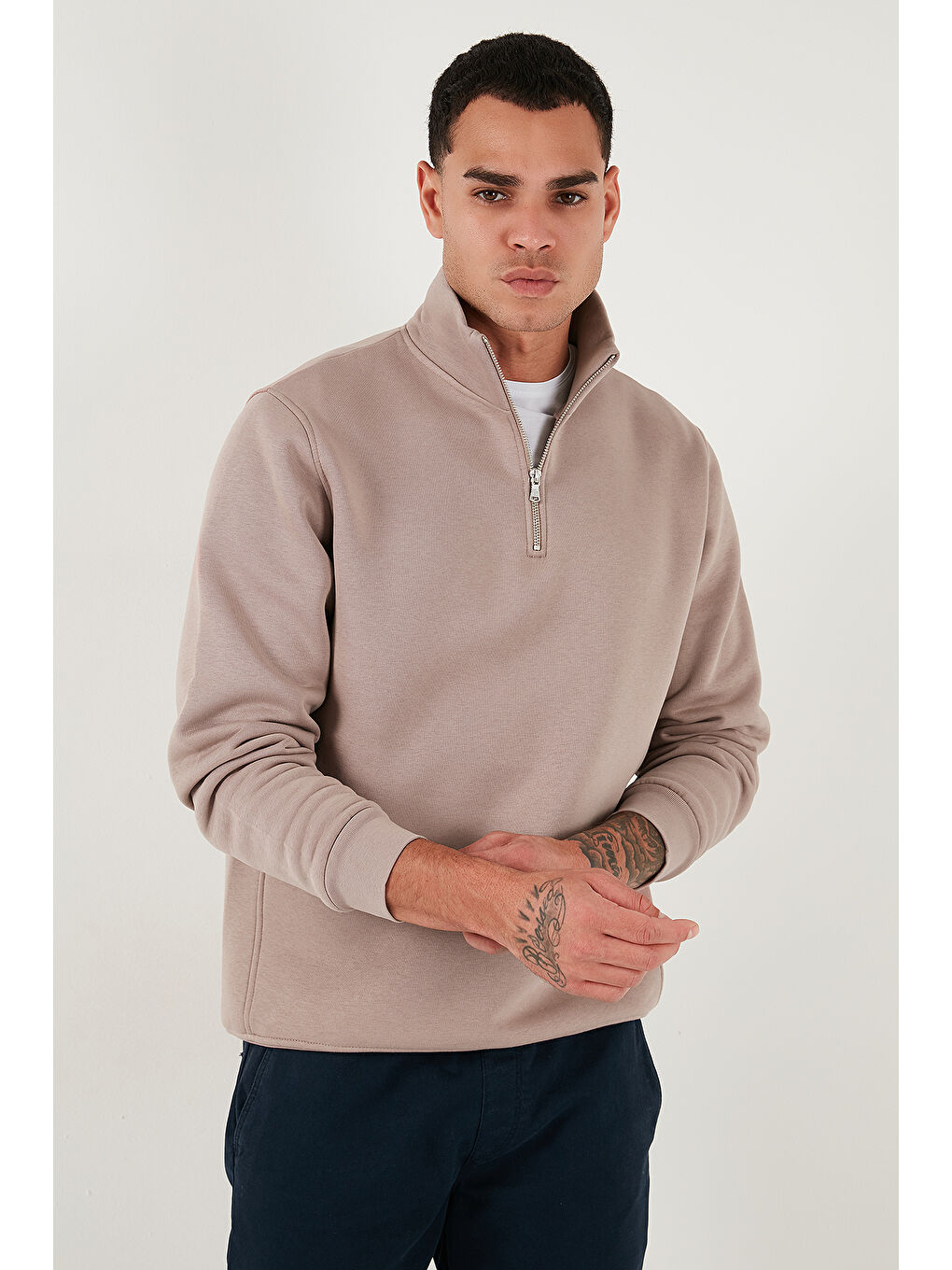 Pembe Pamuklu Regular Fit Yarım Fermuarlı Dik Yaka Erkek Sweat 59052592-4