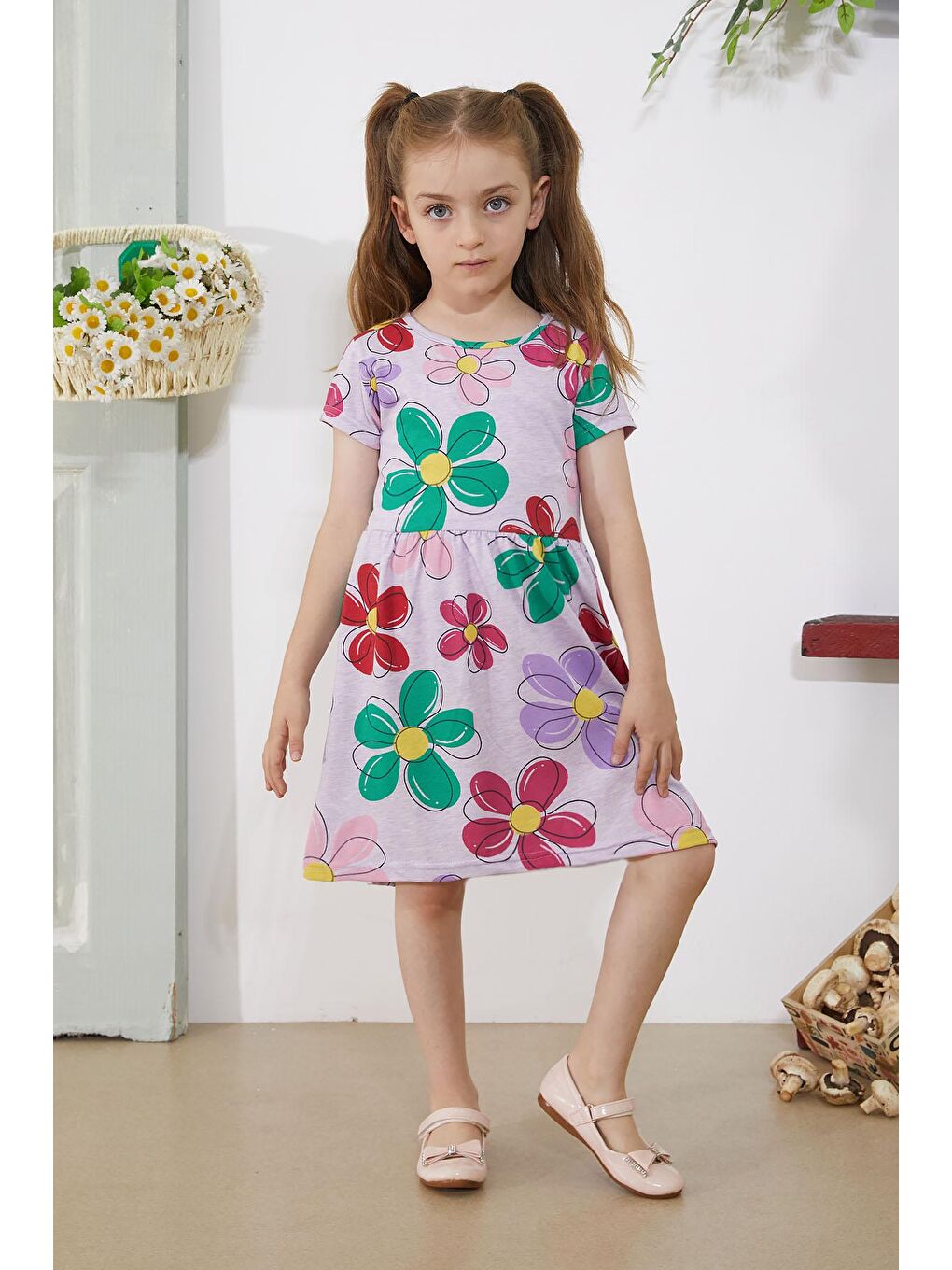 Lila Çiçek Baskılı Kısa Kollu Kız Çocuk Elbise 18794-3