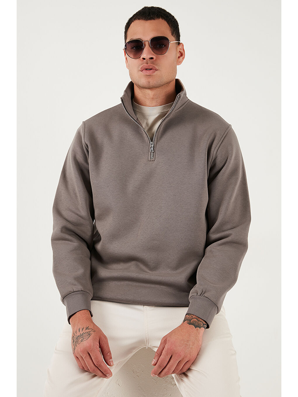 Kahverengi Pamuklu Regular Fit Yarım Fermuarlı Dik Yaka Erkek Sweat 59052592