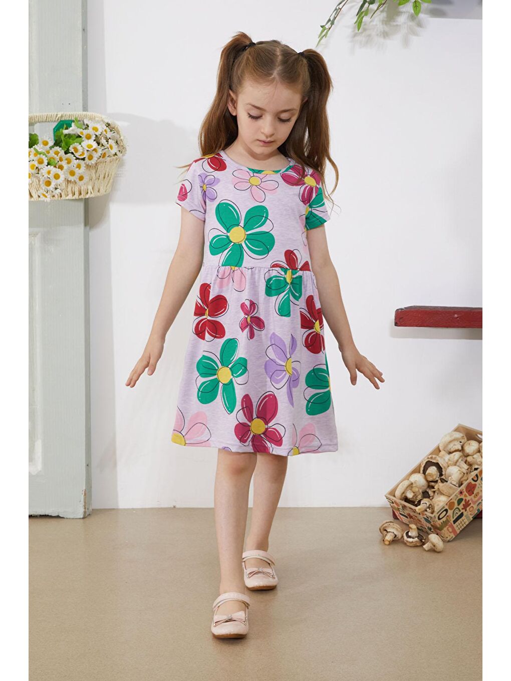 Lila Çiçek Baskılı Kısa Kollu Kız Çocuk Elbise 18794-4