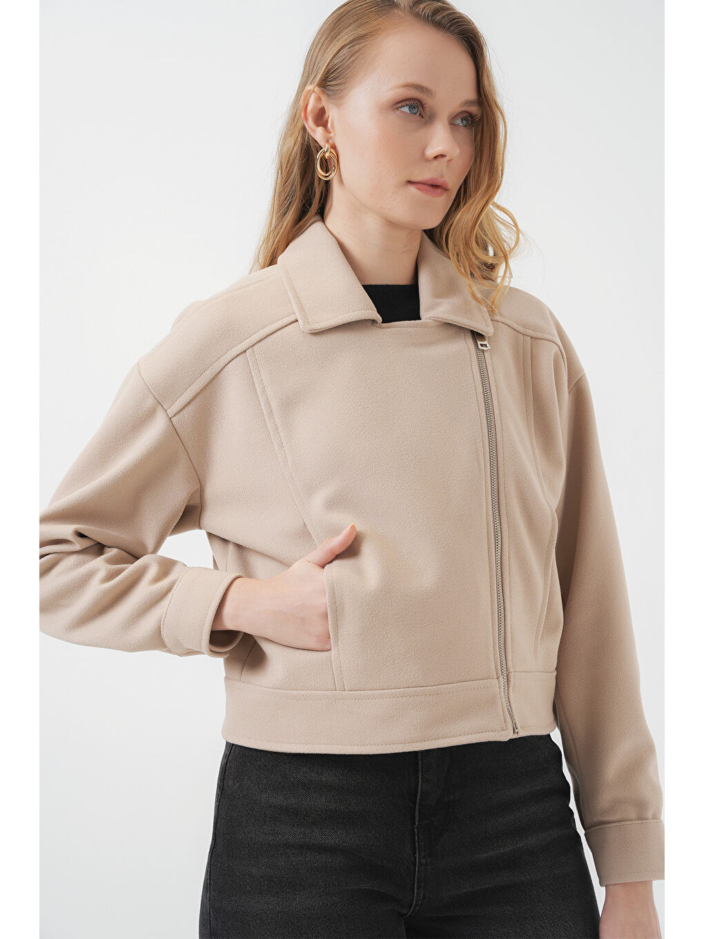 Bej 0717 Kadın Kısa Kaşe Ceket - Taş-3