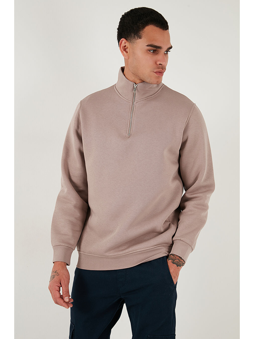 Pembe Pamuklu Regular Fit Yarım Fermuarlı Dik Yaka Erkek Sweat 59052592-5