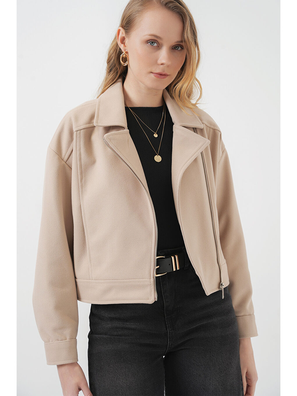 Bej 0717 Kadın Kısa Kaşe Ceket - Taş-4