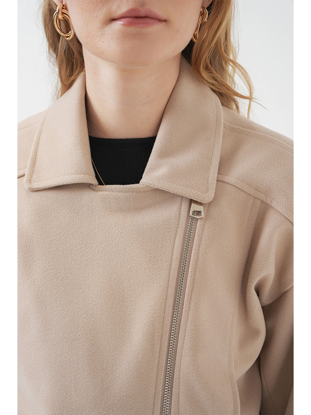 Bej 0717 Kadın Kısa Kaşe Ceket - Taş-5