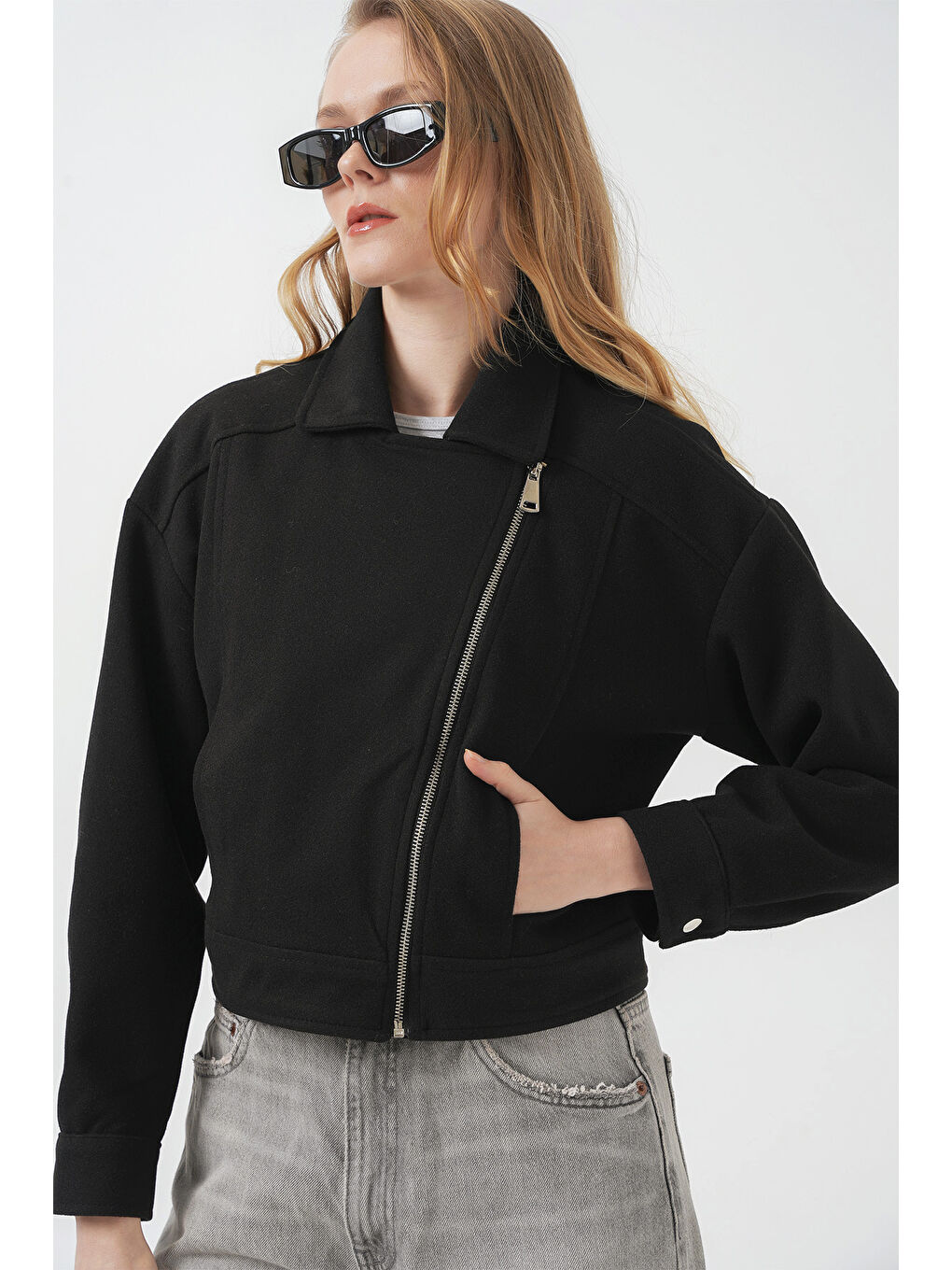 0717 Kadın Kısa Kaşe Ceket - Siyah-5