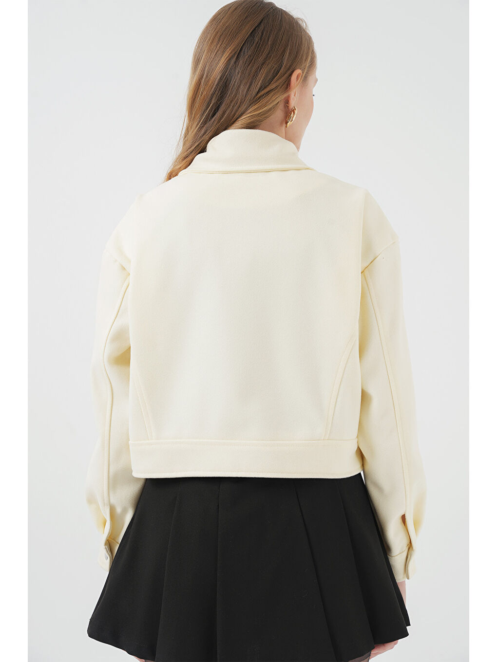 Ekru 0717 Kadın Kısa Kaşe Ceket - Krem-5