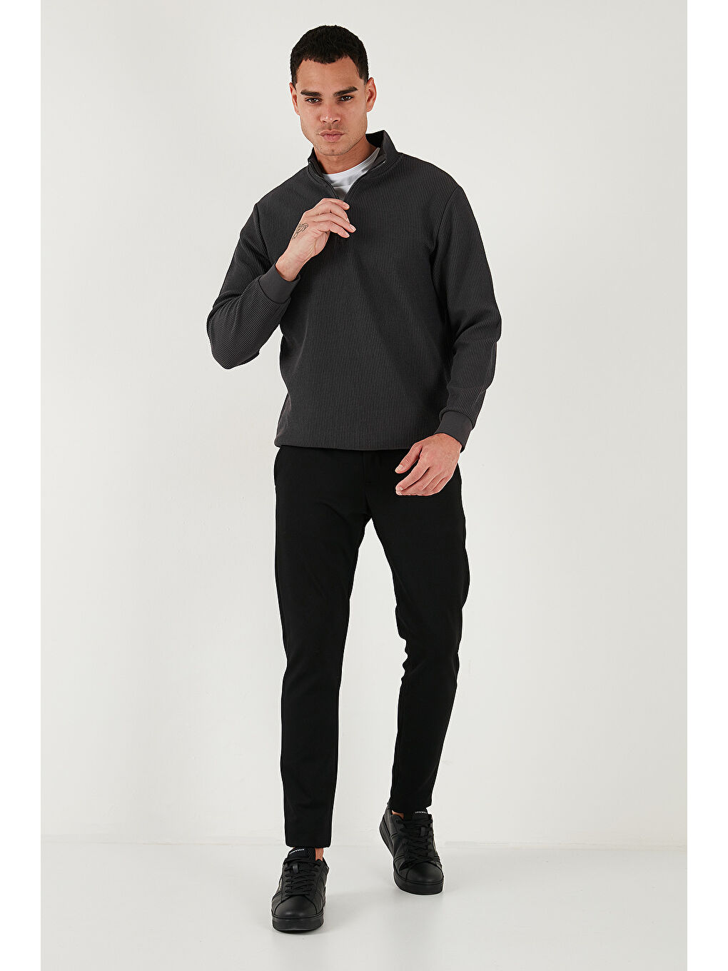 Antrasit Pamuklu Regular Fit Yarım Fermuarlı Dik Yaka Erkek Sweat 5905716-1
