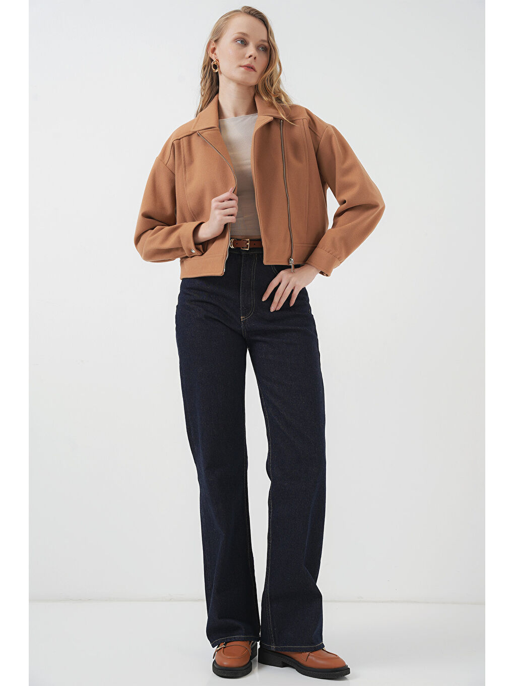 Sarı 0717 Kadın Kısa Kaşe Ceket - Camel-1