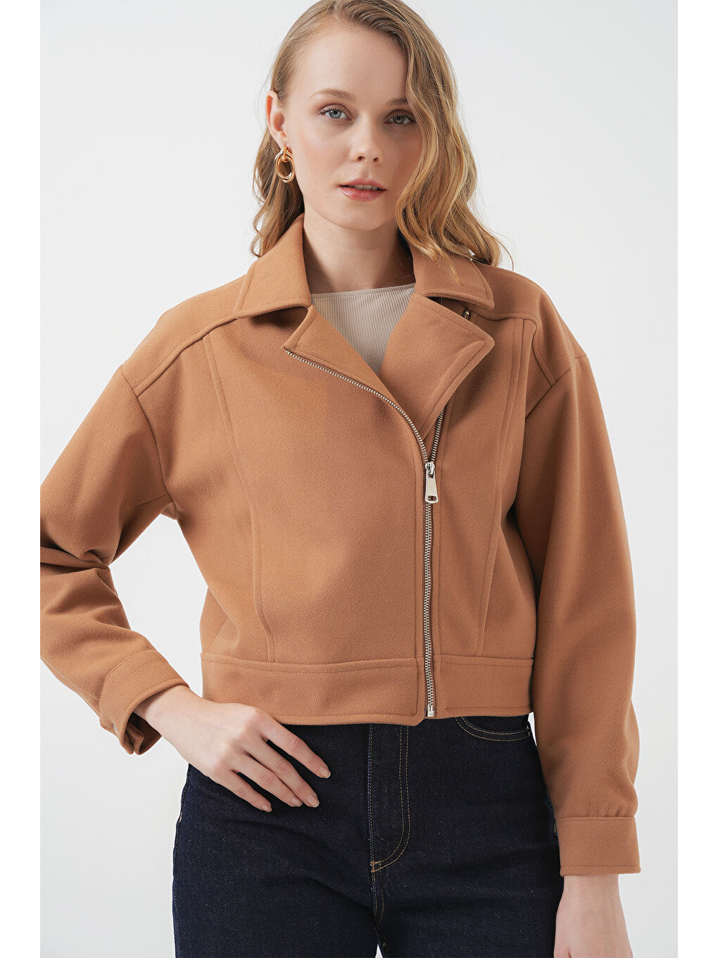 Sarı 0717 Kadın Kısa Kaşe Ceket - Camel-2