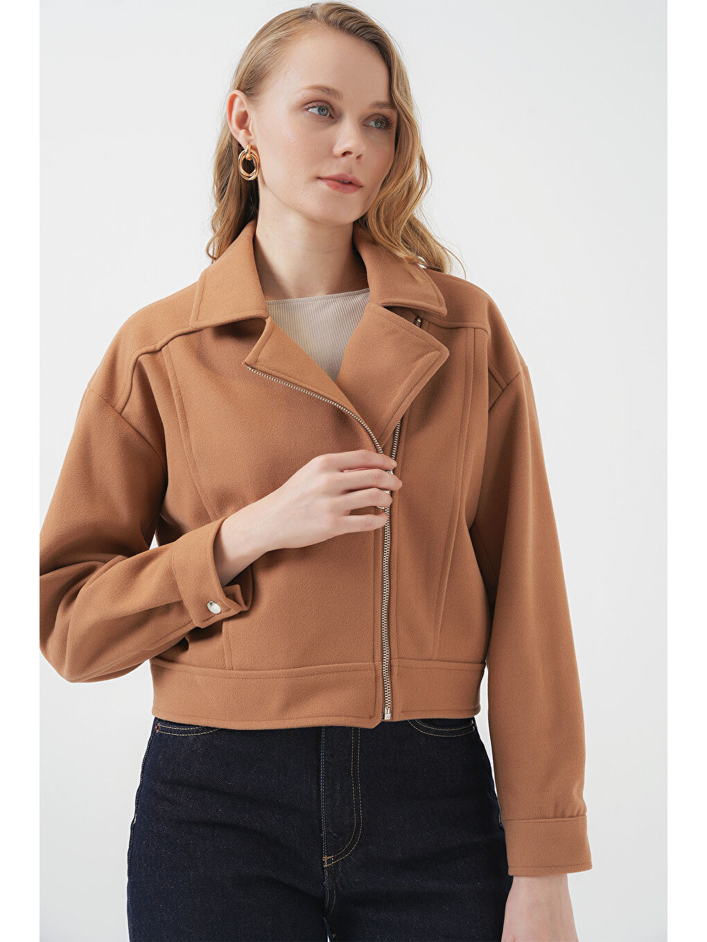 Sarı 0717 Kadın Kısa Kaşe Ceket - Camel-3