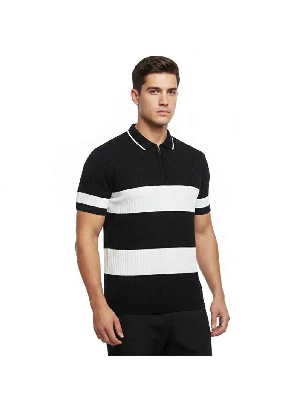 Erkek Çizgili Triko Dokuma Kumaş Polo Yaka Yarım Fermuarlı Regular Kalıp Tişört - Siyah-1
