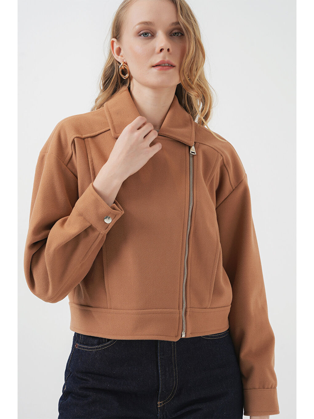 Sarı 0717 Kadın Kısa Kaşe Ceket - Camel-4