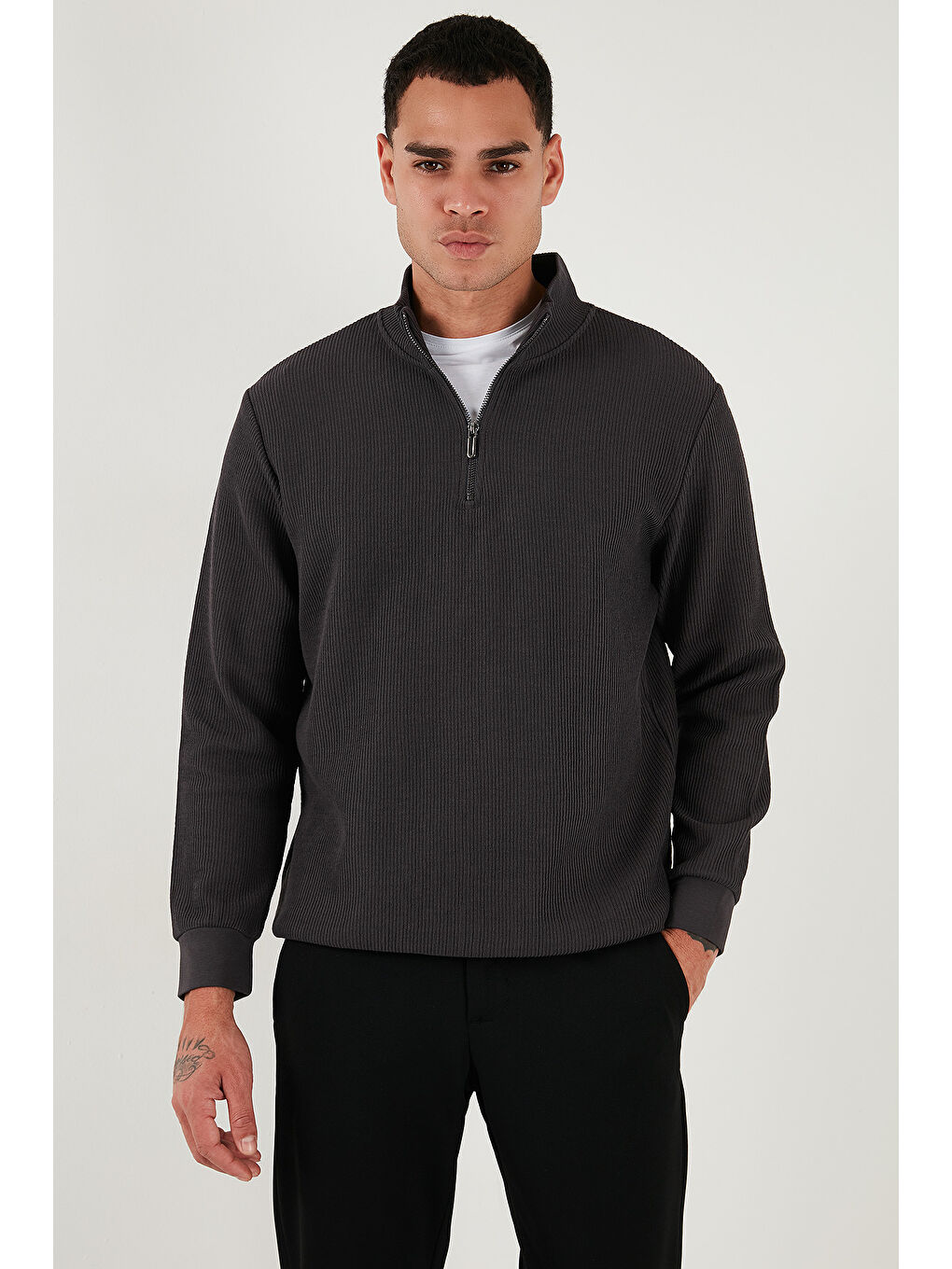 Antrasit Pamuklu Regular Fit Yarım Fermuarlı Dik Yaka Erkek Sweat 5905716-2