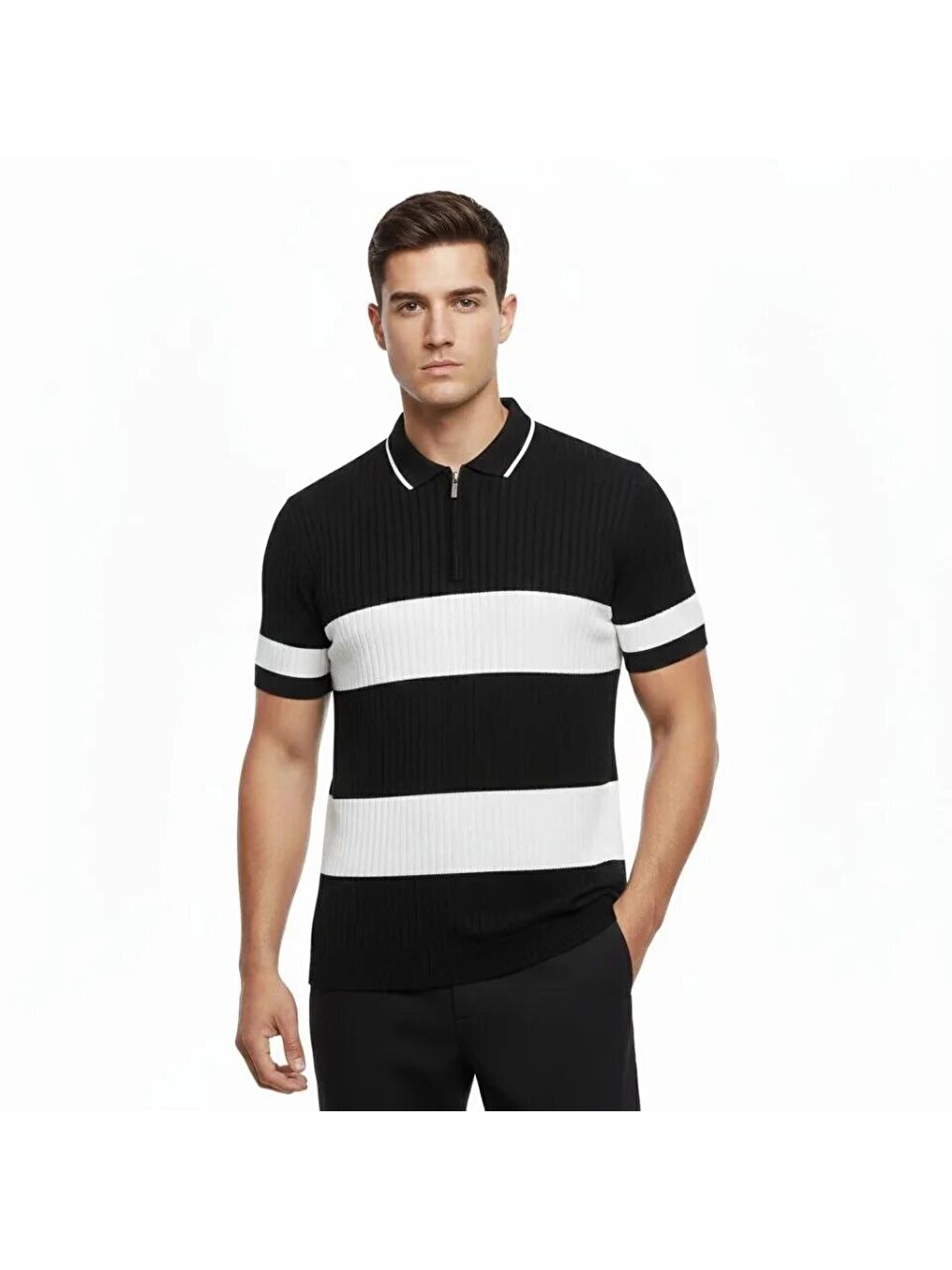 Erkek Çizgili Triko Dokuma Kumaş Polo Yaka Yarım Fermuarlı Regular Kalıp Tişört - Siyah-3