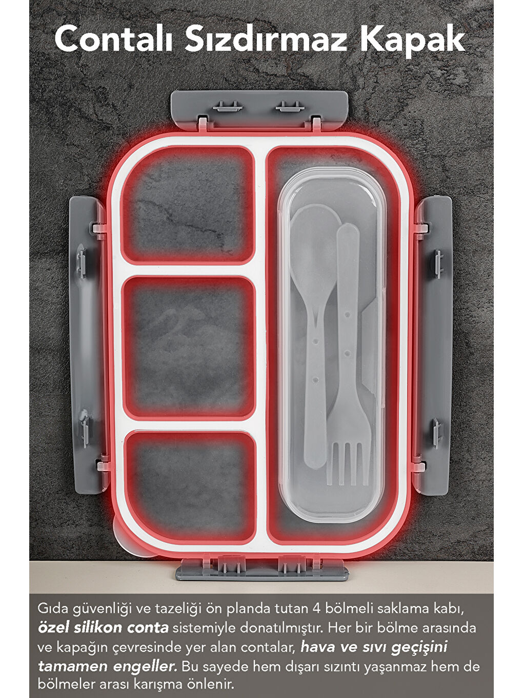 Sızdırmaz Contalı Yemek Kabı - 4 Bölmeli Çatal Kaşıklı Diyet Beslenme Kutusu Lunch Box Gri-1