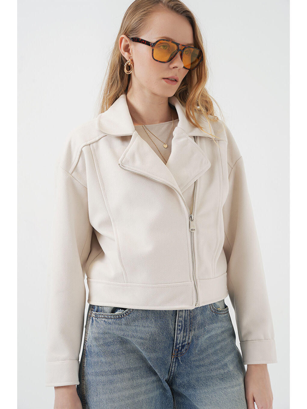 0717 Kadın Kısa Kaşe Ceket - Ekru-5